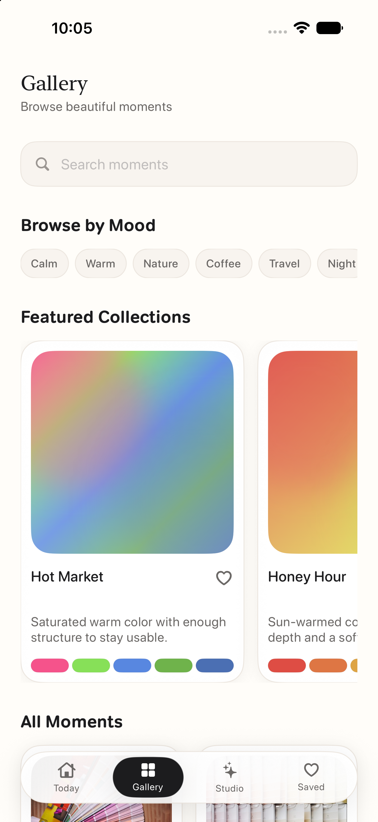 Prism gallery screen showing color inspiration from images