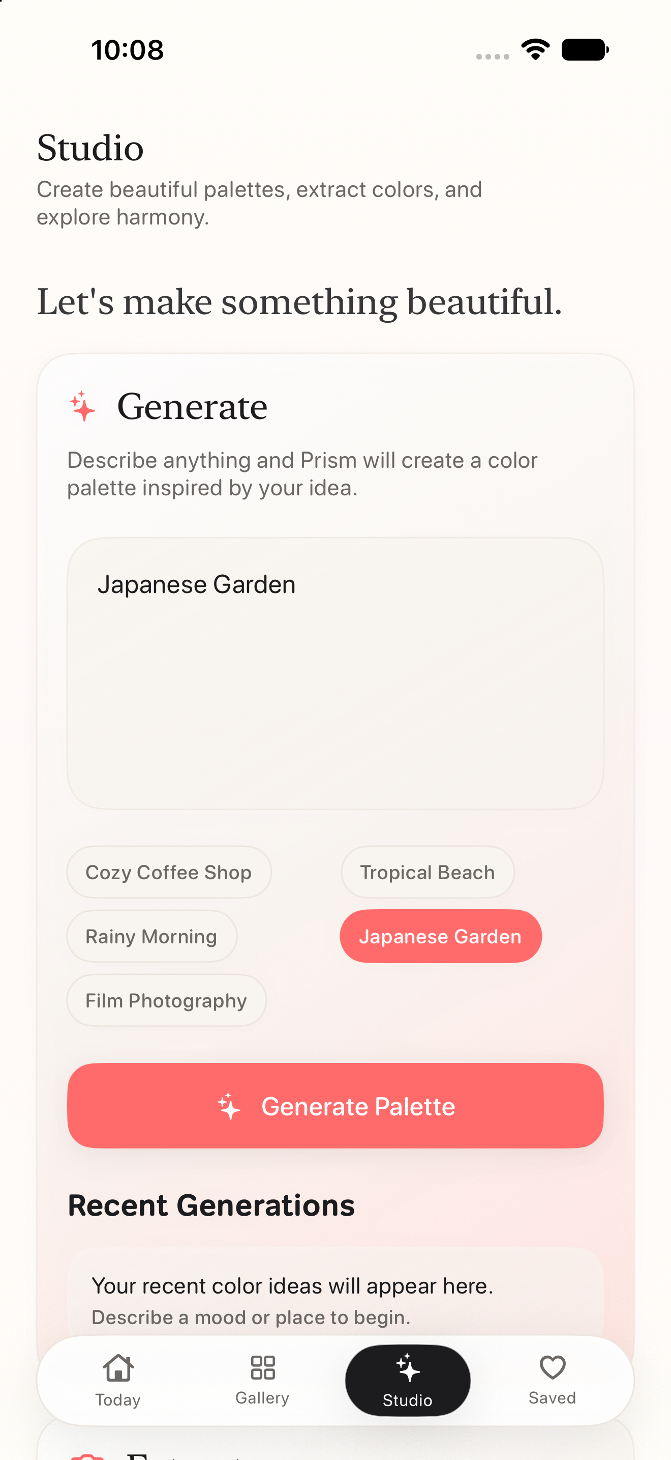 Prism Studio interface for generating palettes from a description