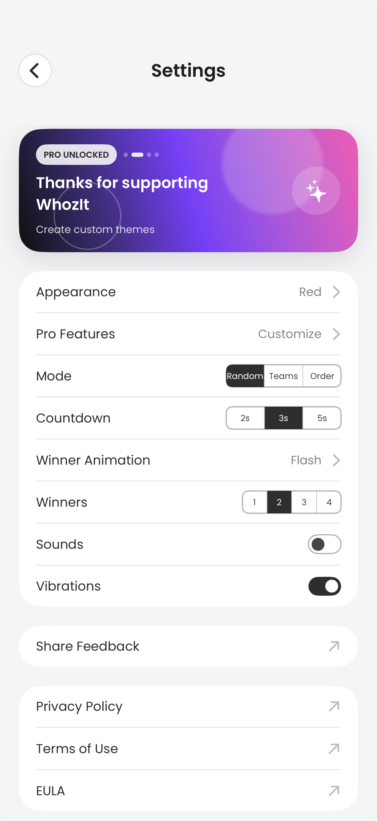 WhozIt settings screen with modes, countdowns, winner count, and sound and vibration controls
