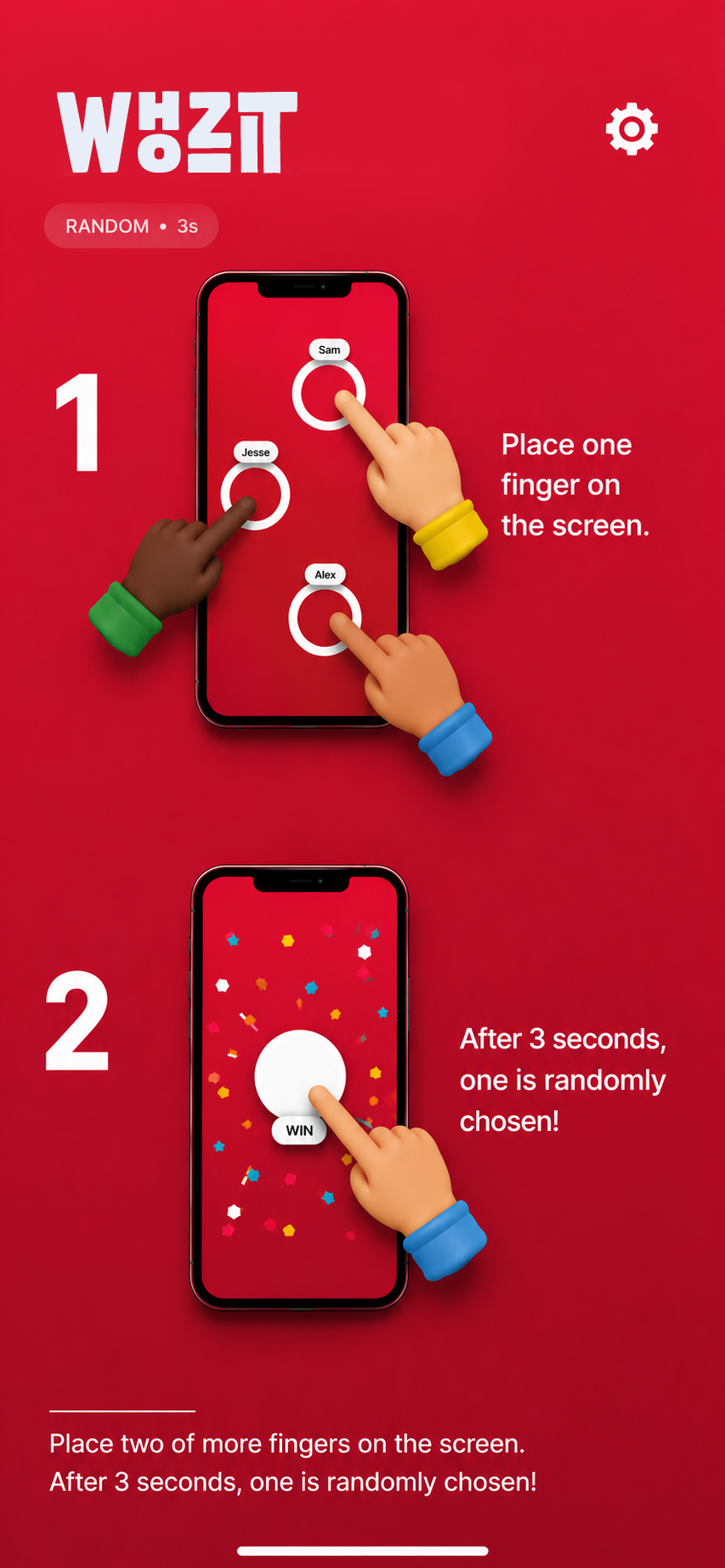 WhozIt guided tutorial explaining how to place fingers and choose a winner