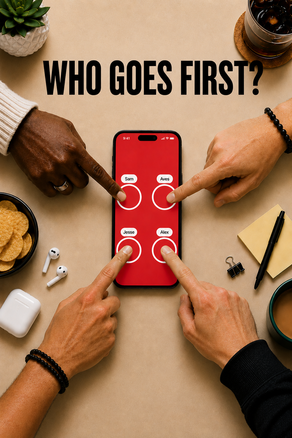 Four players placing their fingers on the WhozIt screen